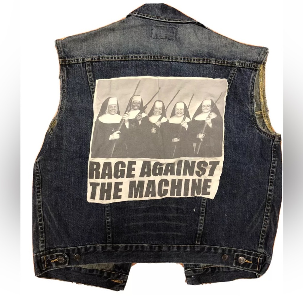 Vintage 90s RAGE Against The Machine Jean Vest Rare Rock Custom Adult Sz Medium